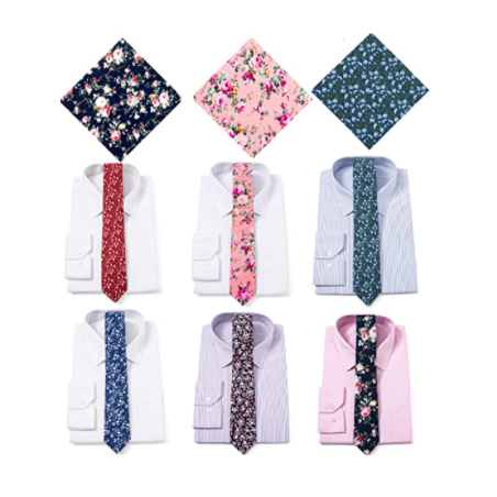 Floral Ties for Men Flower Print Slim Cotton Tie Skinny Necktie Pocket Square Set for Parties