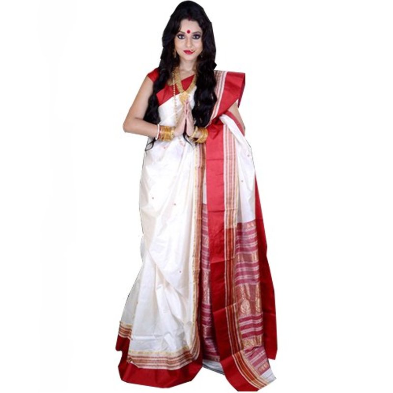 Durga puja special white and red color organza silk saree with zari weaving  work