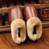 Men Winter Warm Fuzzy Cow Leather House Slipper Fleece Lined Home Cowhells Sole