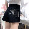 Rhinestone pocket black hole burr wild denim shorts hot pants