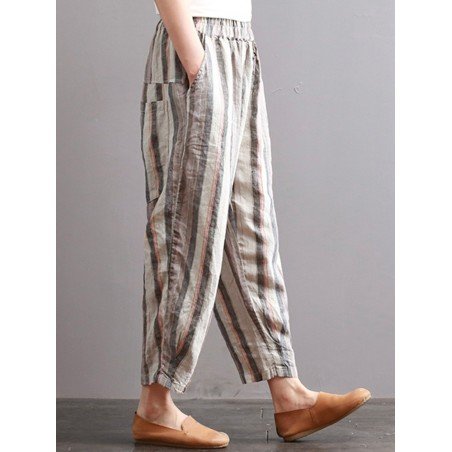 S-5XL Vintage Women Stripe Elastic Waist Radish Pants
