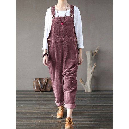 Corduroy Sleeveless Loose Button Causal Side Pocket Jumpsuit For Women