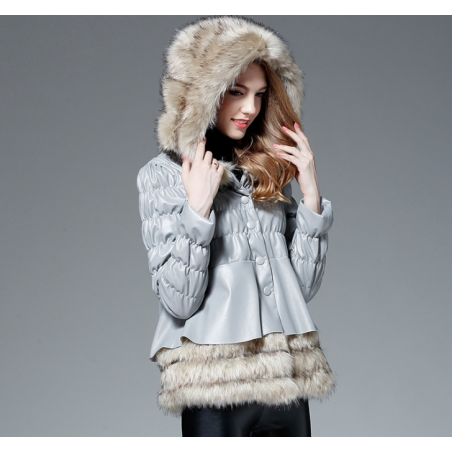 New Haining fur coat female Slim PU leather hooded raccoon hair short down jacket