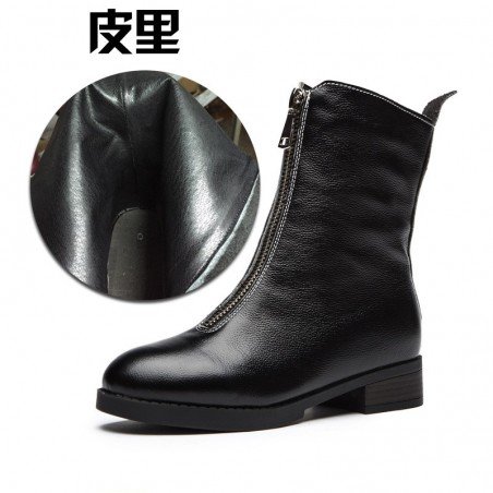 2021 new autumn and winter boots leather boots Martin front zipper in winter with thick velvet ladies boots tube