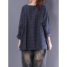 Women Vintage Long Sleeve Crewneck Plaid Loose Blouse