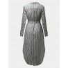 Casual Women Turndown Collar Adjustable Sleeve Side Split Striped Shirt Dresses