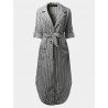 Casual Women Turndown Collar Adjustable Sleeve Side Split Striped Shirt Dresses
