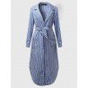 Casual Women Turndown Collar Adjustable Sleeve Side Split Striped Shirt Dresses